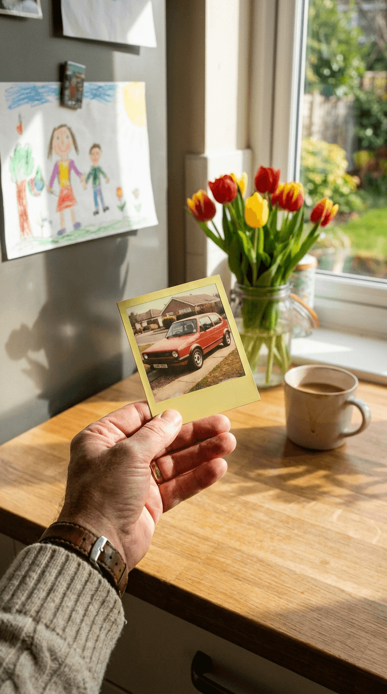 Hand holding a faded Polaroid photograph of a 1983 Mk1 Volkswagen Golf GTI in Mars Red on a sunlit kitchen worktop