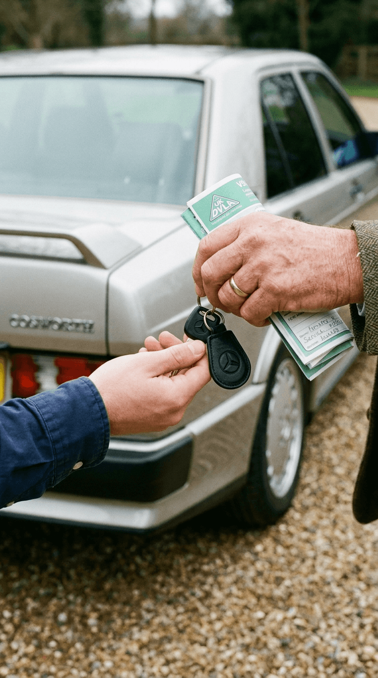 Close-up of two hands during a car key handover with a folded green UK DVLA V5C logbook, a silver Mercedes 190E Cosworth out of focus on the gravel driveway behind